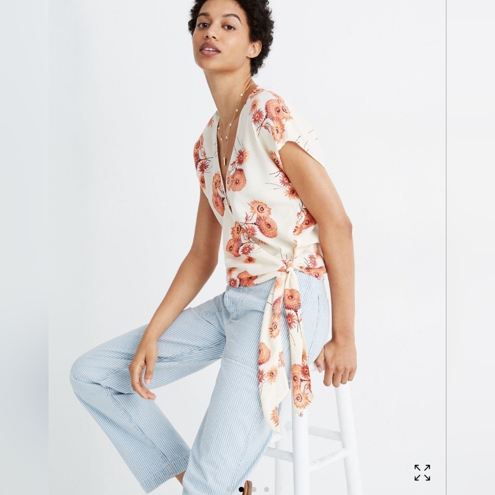 EUC Madewell Sash-Tie Wrap Top in Cream & Orange Dutch Dandelions - Women's XXS
